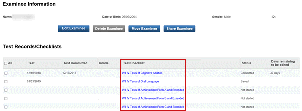 Test Records and Checklists on Examinee Information Page